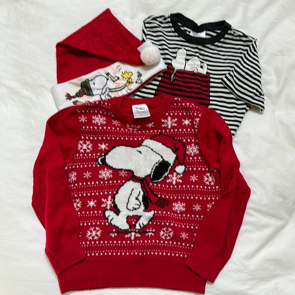 Snoopy Lot - size 6 kids snoopy holiday sweater + hat and snoopy striped shirt